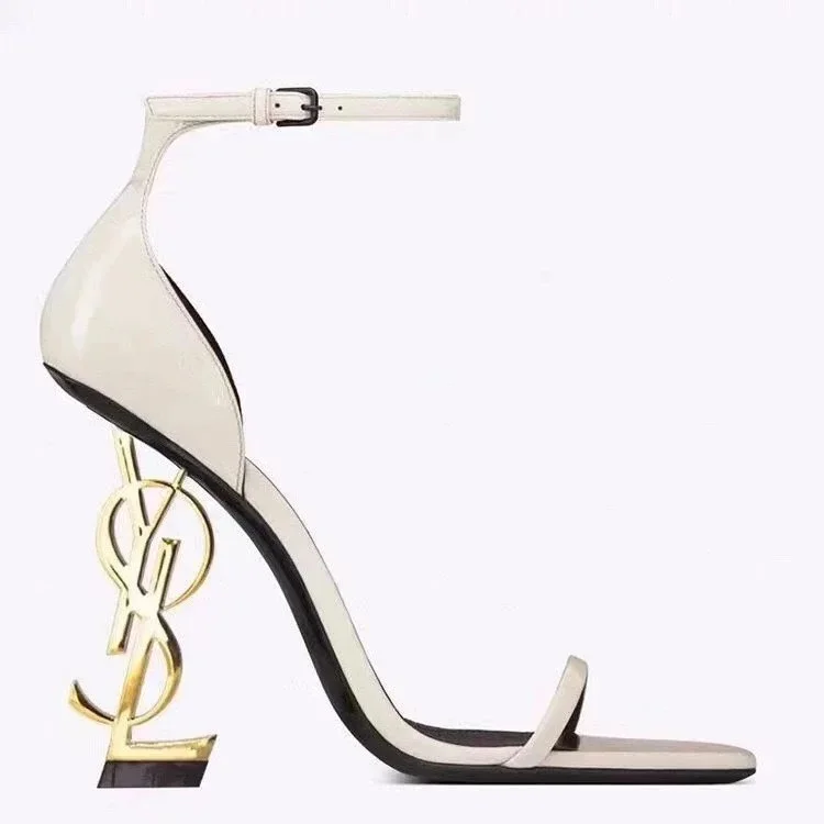 Saint Laurent YSL White Leather Heels with Gold Logo Heel